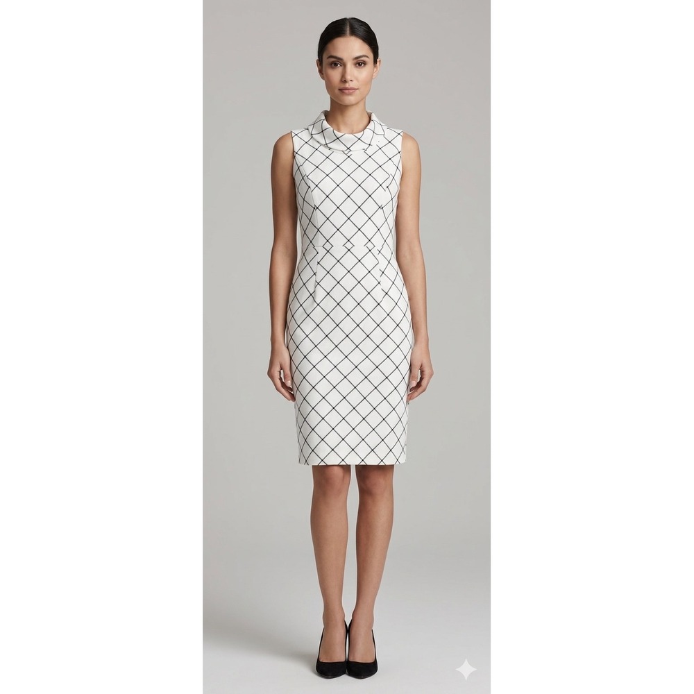 White House Black Market Sheath Dress Womens 4 White Black GridSleeveless Mock
